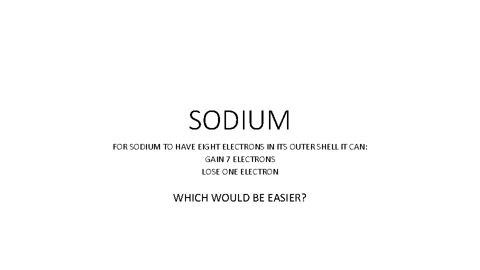SODIUM FOR SODIUM TO HAVE EIGHT ELECTRONS IN ITS OUTER SHELL IT CAN: GAIN SODIUM FOR SODIUM TO HAVE EIGHT ELECTRONS IN ITS OUTER SHELL IT CAN: GAIN