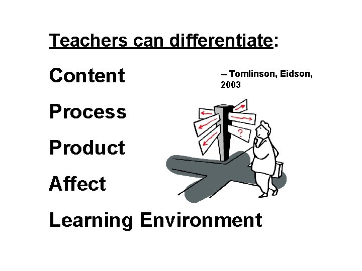 Teachers can differentiate: Content -- Tomlinson, Eidson, 2003 Process Product Affect Learning Environment Teachers can differentiate: Content -- Tomlinson, Eidson, 2003 Process Product Affect Learning Environment