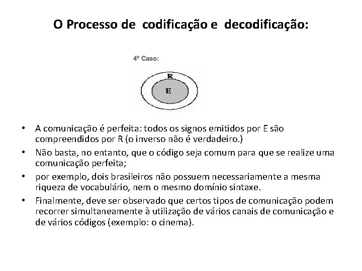 O Processo de codificação e decodificação: • A comunicação é perfeita: todos os signos