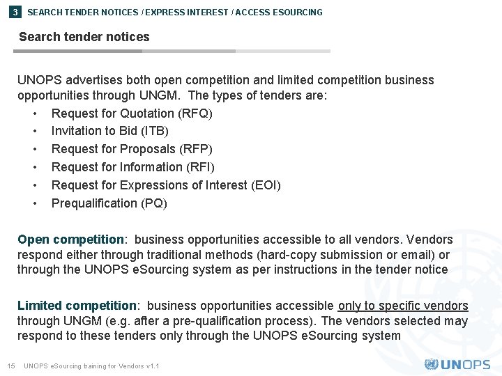 3 SEARCH TENDER NOTICES / EXPRESS INTEREST / ACCESS ESOURCING Search tender notices UNOPS