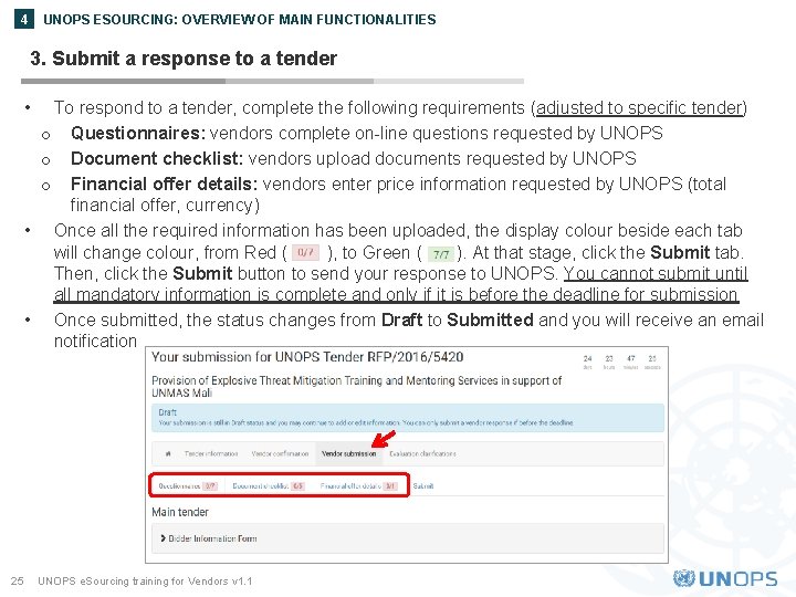 UNOPS ESOURCING: OVERVIEW OF MAIN FUNCTIONALITIES 4 3. Submit a response to a tender