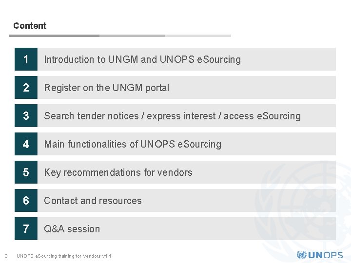 Content 3 1 Introduction to UNGM and UNOPS e. Sourcing 2 Register on the