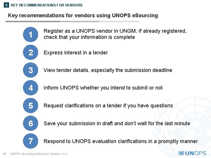 5 KEY RECOMMENDATIONS FOR VENDORS Key recommendations for vendors using UNOPS e. Sourcing 30