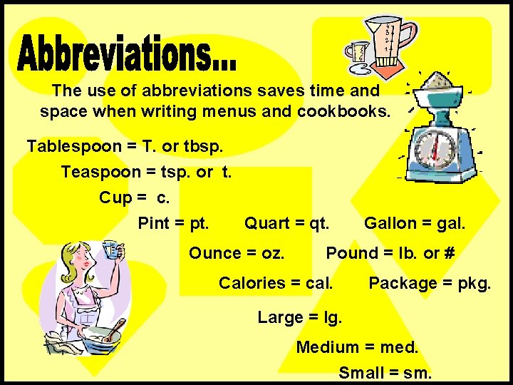 The use of abbreviations saves time and space when writing menus and cookbooks. Tablespoon