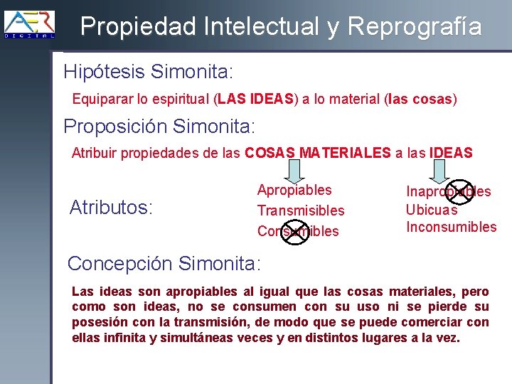 Propiedad Intelectual y Reprografía Hipótesis Simonita: Equiparar lo espiritual (LAS IDEAS) a lo material