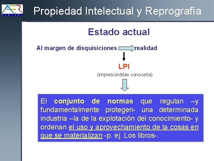 Propiedad Intelectual y Reprografía Estado actual Al margen de disquisiciones una realidad LPI (imprescindible