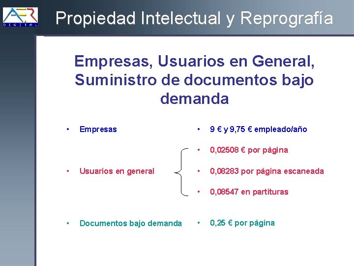 Propiedad Intelectual y Reprografía Empresas, Usuarios en General, Suministro de documentos bajo demanda •