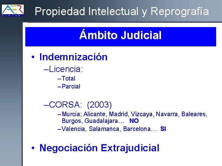 Propiedad Intelectual y Reprografía Ámbito Judicial • Indemnización – Licencia: – Total – Parcial