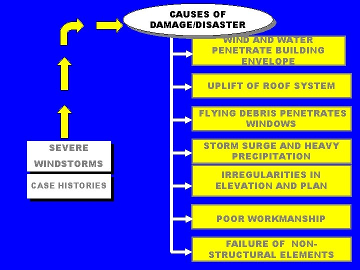 CAUSES OF DAMAGE/DISASTER WIND AND WATER PENETRATE BUILDING ENVELOPE UPLIFT OF ROOF SYSTEM FLYING CAUSES OF DAMAGE/DISASTER WIND AND WATER PENETRATE BUILDING ENVELOPE UPLIFT OF ROOF SYSTEM FLYING