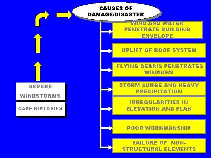 CAUSES OF DAMAGE/DISASTER WIND AND WATER PENETRATE BUILDING ENVELOPE UPLIFT OF ROOF SYSTEM FLYING