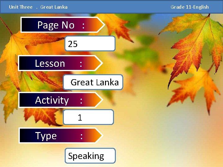  Unit Three . Great Lanka Grade 11 -English Page No : 25 Lesson