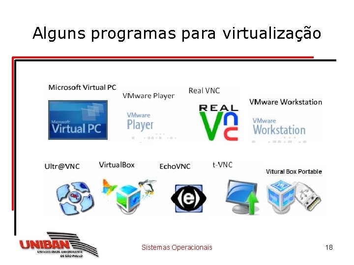 Alguns programas para virtualização Sistemas Operacionais 18 Alguns programas para virtualização Sistemas Operacionais 18