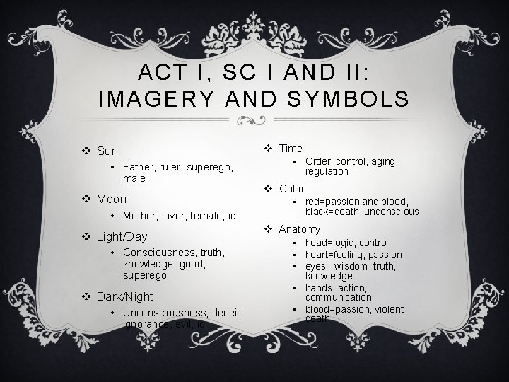 ACT I, SC I AND II: IMAGERY AND SYMBOLS v Sun • Father, ruler, ACT I, SC I AND II: IMAGERY AND SYMBOLS v Sun • Father, ruler,