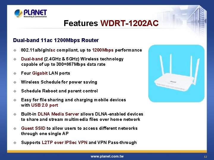 Features WDRT-1202 AC Dual-band 11 ac 1200 Mbps Router u 802. 11 a/b/g/n/ac compliant,