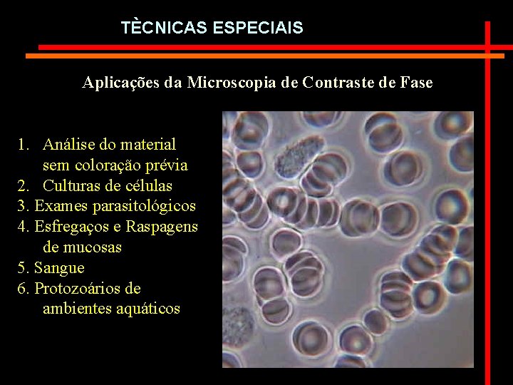 TÈCNICAS ESPECIAIS Aplicações da Microscopia de Contraste de Fase 1. Análise do material sem