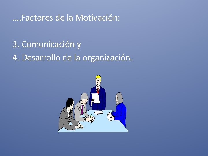 …. Factores de la Motivación: 3. Comunicación y 4. Desarrollo de la organización. 