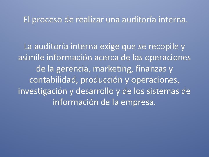 El proceso de realizar una auditoría interna. La auditoría interna exige que se recopile El proceso de realizar una auditoría interna. La auditoría interna exige que se recopile