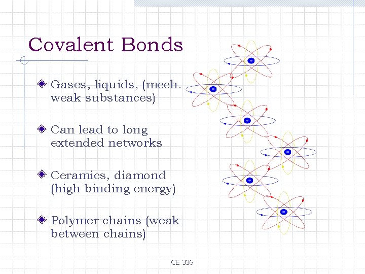Covalent Bonds Gases, liquids, (mech. weak substances) Can lead to long extended networks Ceramics,