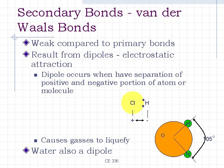 Secondary Bonds - van der Waals Bonds Weak compared to primary bonds Result from