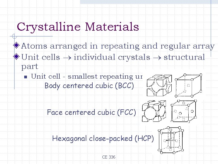 Crystalline Materials Atoms arranged in repeating and regular array Unit cells ® individual crystals