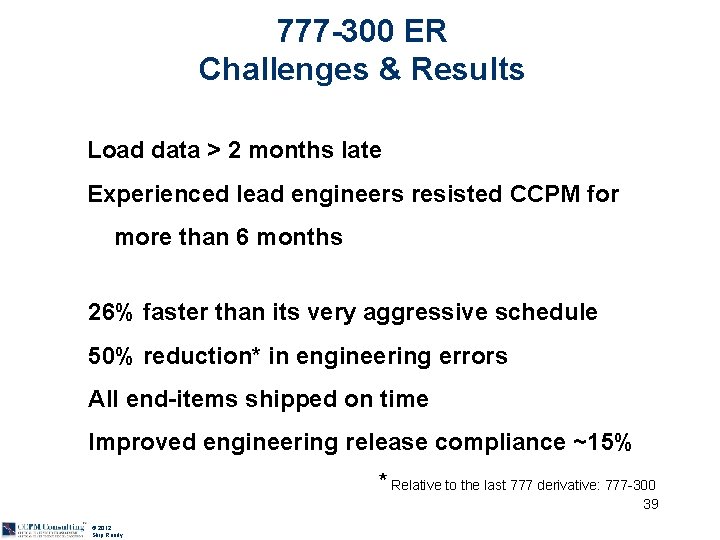 777 -300 ER Challenges & Results Load data > 2 months late Experienced lead