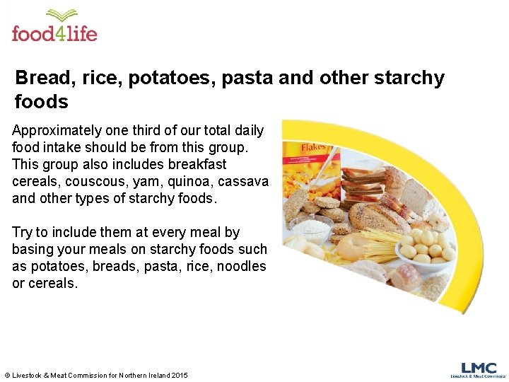 Bread, rice, potatoes, pasta and other starchy foods Approximately one third of our total