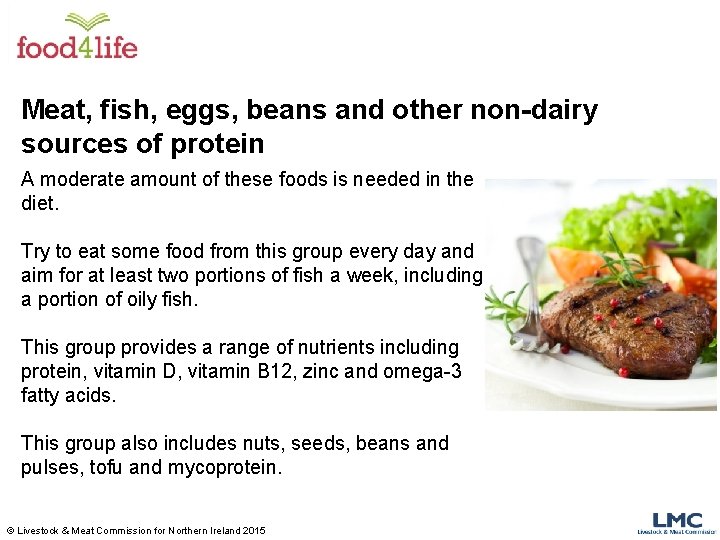 Meat, fish, eggs, beans and other non-dairy sources of protein A moderate amount of