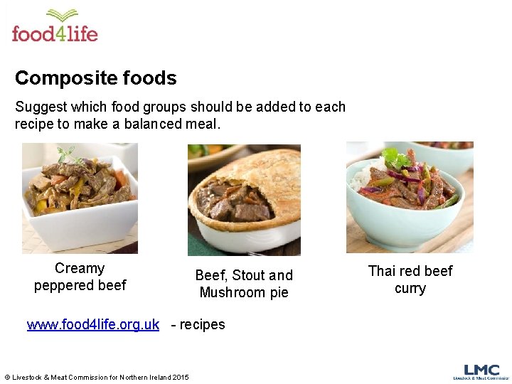 Composite foods Suggest which food groups should be added to each recipe to make