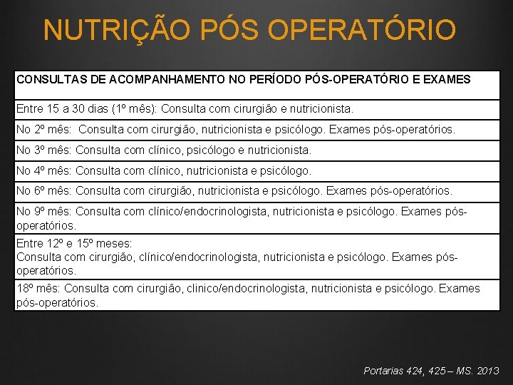 NUTRIÇÃO PÓS OPERATÓRIO CONSULTAS DE ACOMPANHAMENTO NO PERÍODO PÓS-OPERATÓRIO E EXAMES Entre 15 a