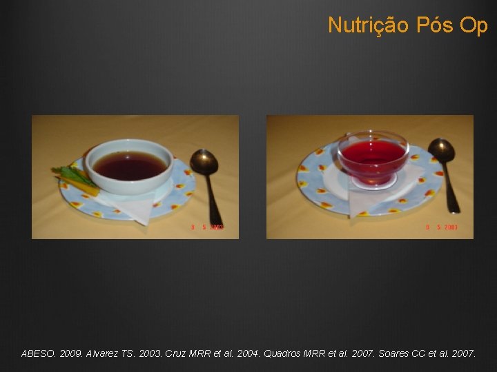 Nutrição Pós Op ABESO. 2009. Alvarez TS. 2003. Cruz MRR et al. 2004. Quadros