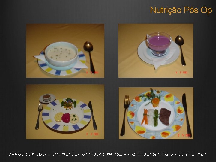 Nutrição Pós Op ABESO. 2009. Alvarez TS. 2003. Cruz MRR et al. 2004. Quadros