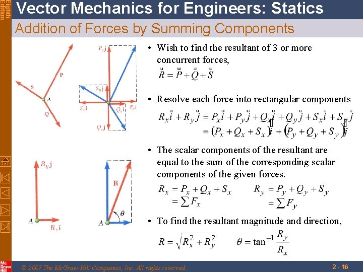 Eighth Edition Vector Mechanics for Engineers: Statics Addition of Forces by Summing Components •