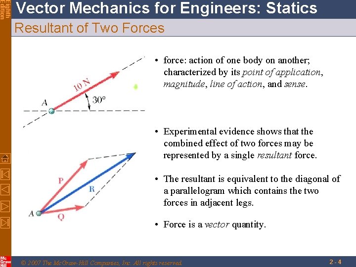 Eighth Edition Vector Mechanics for Engineers: Statics Resultant of Two Forces • force: action