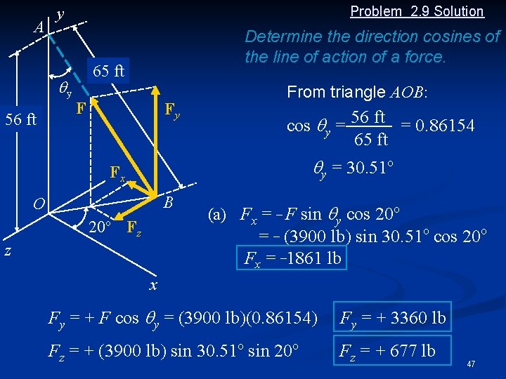 A qy 56 ft Problem 2. 9 Solution y Determine the direction cosines of