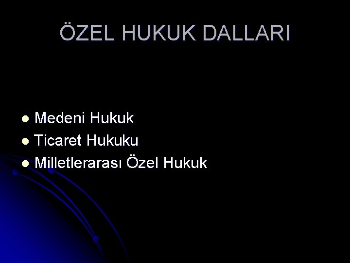 ÖZEL HUKUK DALLARI Medeni Hukuk l Ticaret Hukuku l Milletlerarası Özel Hukuk l 