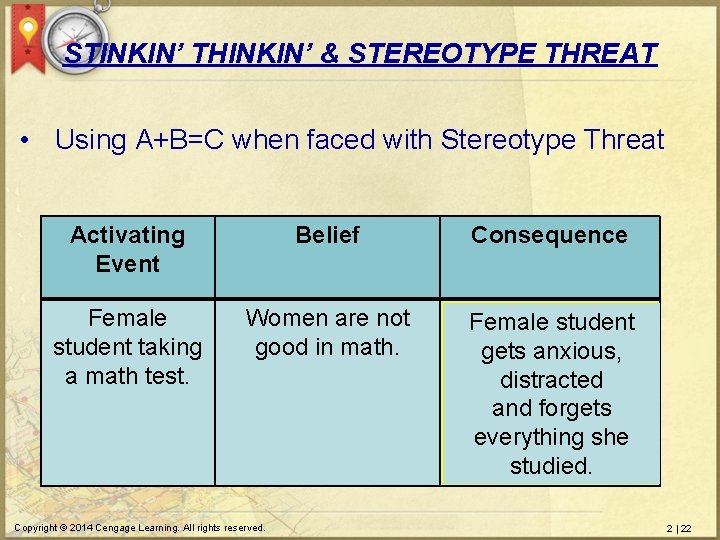 STINKIN’ THINKIN’ & STEREOTYPE THREAT • Using A+B=C when faced with Stereotype Threat Activating