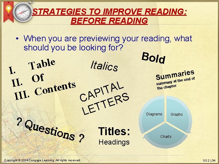 STRATEGIES TO IMPROVE READING: BEFORE READING • When you are previewing your reading, what