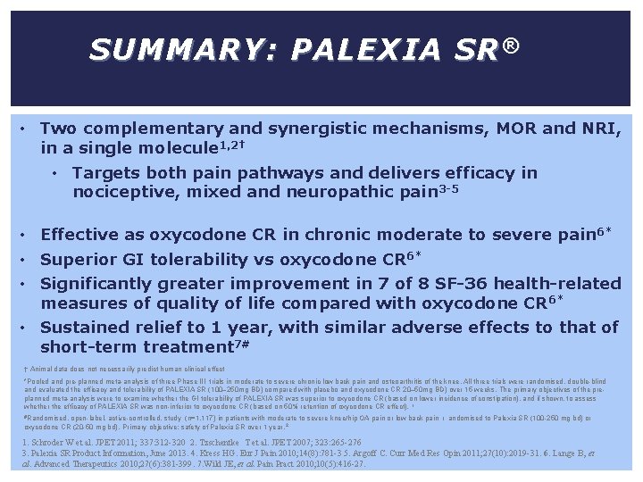SUMMARY: PALEXIA SR ® • Two complementary and synergistic mechanisms, MOR and NRI, in