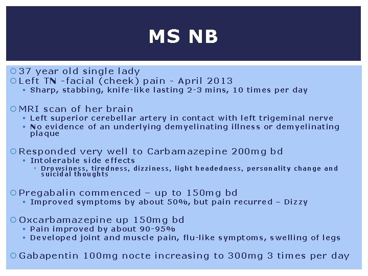 MS NB 37 year old single lady Left TN -facial (cheek) pain - April