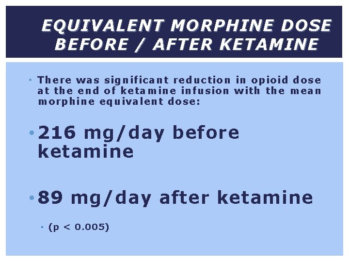 EQUIVALENT MORPHINE DOSE BEFORE / AFTER KETAMINE • There was significant reduction in opioid