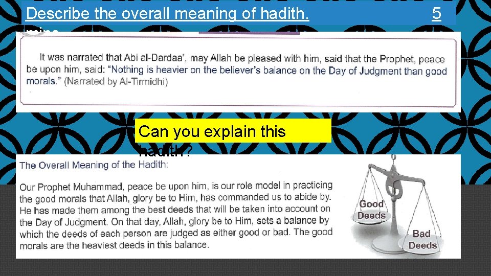 Describe the overall meaning of hadith. mins Can you explain this hadith? 5 Describe the overall meaning of hadith. mins Can you explain this hadith? 5