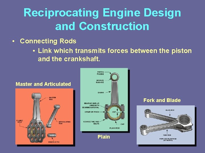 Reciprocating Engine Design and Construction • Connecting Rods • Link which transmits forces between