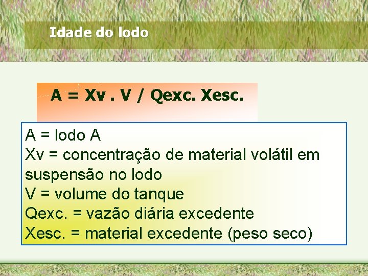 Idade do lodo A = Xv. V / Qexc. Xesc. A = lodo A