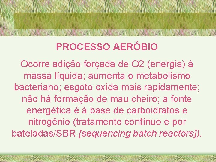 PROCESSO AERÓBIO Ocorre adição forçada de O 2 (energia) à massa líquida; aumenta o