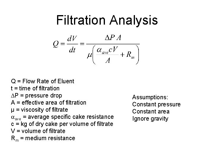 Filtration Analysis Q = Flow Rate of Eluent t = time of filtration DP