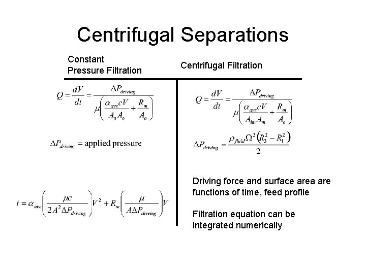 Centrifugal Separations Constant Pressure Filtration Centrifugal Filtration Driving force and surface area are functions