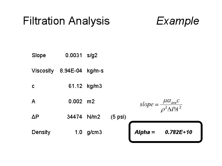 Filtration Analysis Slope Viscosity 0. 0031 s/g 2 8. 94 E-04 kg/m-s c 61.