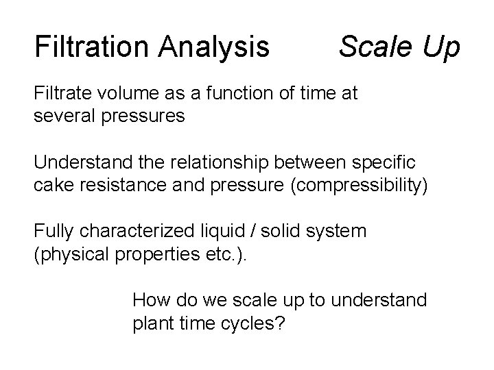 Filtration Analysis Scale Up Filtrate volume as a function of time at several pressures