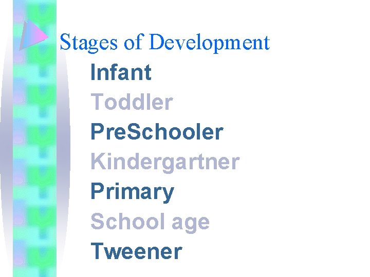 Stages of Development Infant Toddler Pre. Schooler Kindergartner Primary School age Tweener 