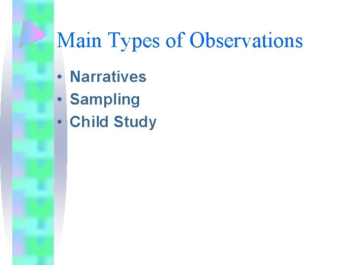 Main Types of Observations • Narratives • Sampling • Child Study 